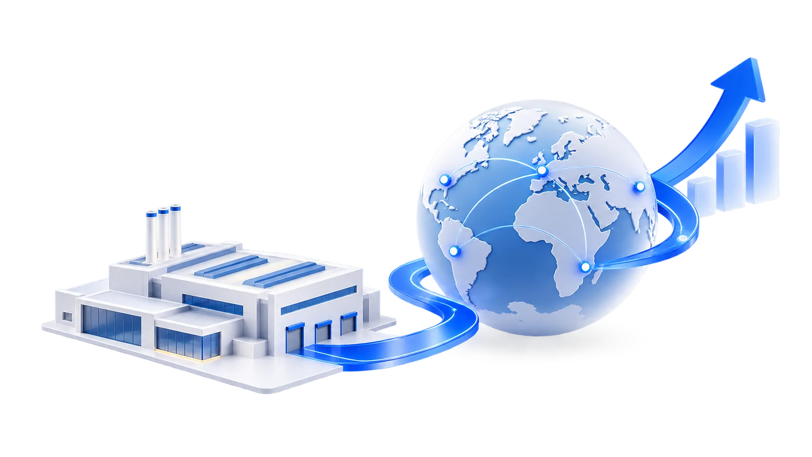 Brand illustration of a factory connecting to global growth