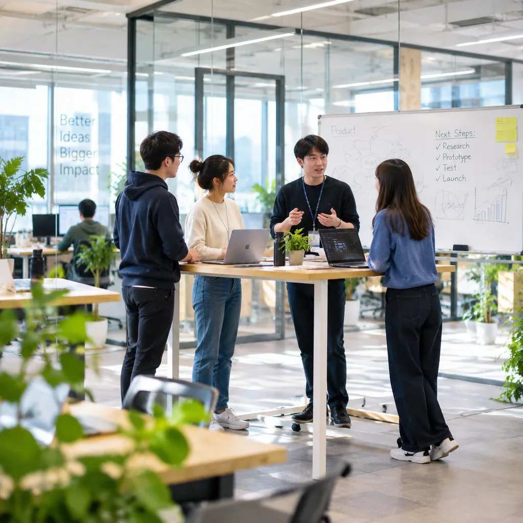 The team collaborating in an open-plan office